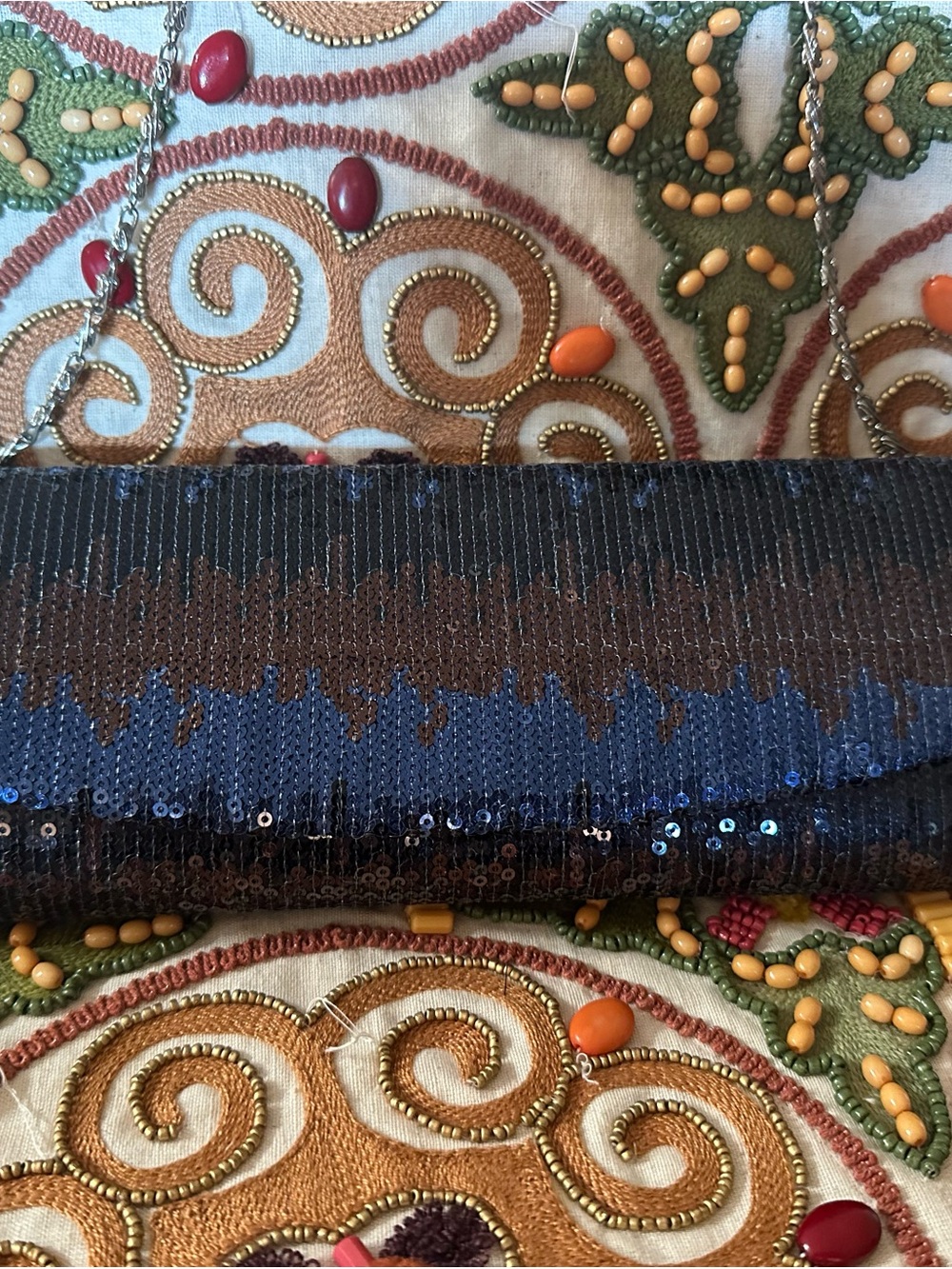 Jessica McClintock Navy and Brown Sequin Clutch